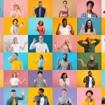 Collage Of Different Happy People Portraits Over Bright Studio Backgrounds, Diverse Cheerful Multiethnic Men And Women Of Different Age Posing And Gesturing Over Colorful Backdrops, Mosaic