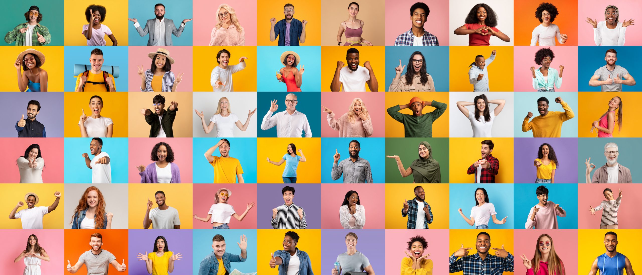 Collage Of Different Happy People Portraits Over Bright Studio Backgrounds, Diverse Cheerful Multiethnic Men And Women Of Different Age Posing And Gesturing Over Colorful Backdrops, Mosaic