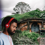 Man Listening to music in front of collage of Galaxy (left) Hobbit Hole (middle) and Alley Marketplace (right)