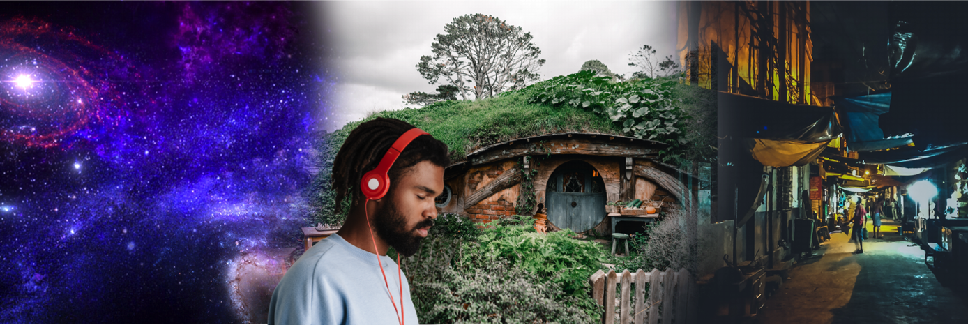 Man Listening to music in front of collage of Galaxy (left) Hobbit Hole (middle) and Alley Marketplace (right)