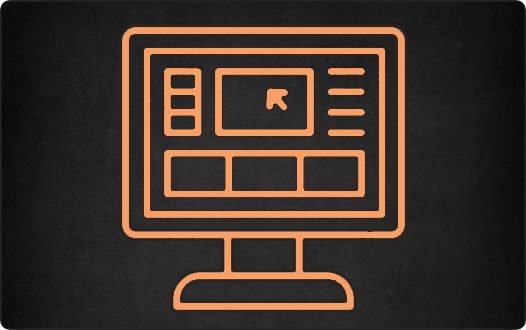 Graphic icon of a desktop computer monitor - Black background, orange text